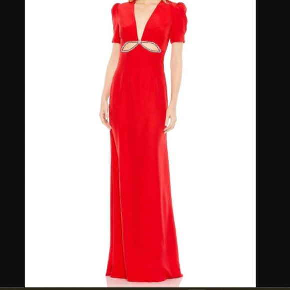 NWT MAC DUGGAL red cut out maxi dress plunge neck puff sleeve A2630 2 party form - Picture 1 of 12
